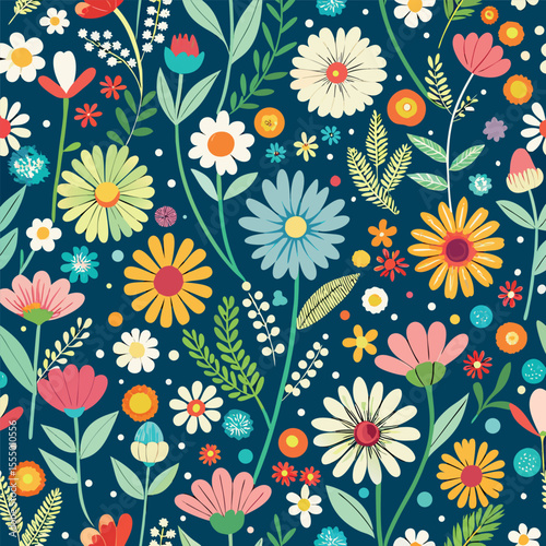 Seamless ditsy floral patterns featuring wild meadow flowers in a delicate, scattered design. Ideal for fabric prints, wallpapers, packaging, and botanical-themed digital art.