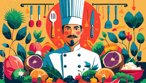 Colorful chef surrounded by fresh ingredients and cooking tools, representing culinary creativity