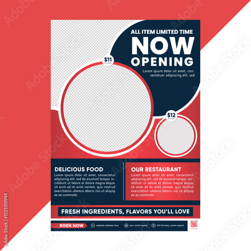 Grand opening food flyer template for new restaurant promotions, special discounts, and limited-time meal offers with editable layout, ideal for digital campaigns and print advertising