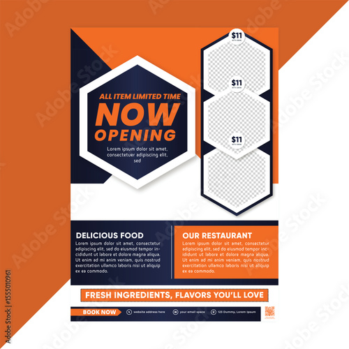 Editable food flyer template designed for restaurant menu promotion, fast food delivery, cafe meal deals, or takeaway specials, ideal for online advertising and print marketing