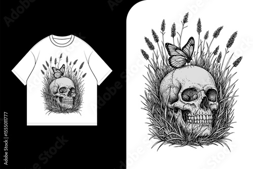 Skull with butterfly on top, surrounded by grass, printed on a white t-shirt, displayed on a black and white background.