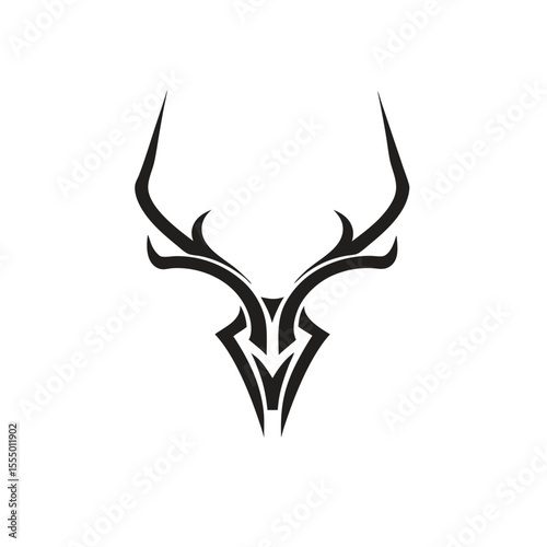 Bold deer head silhouette icon in vector style with antlers, minimalist wildlife logo perfect for outdoor brand, forest badge, nature sign, or tribal tattoo

