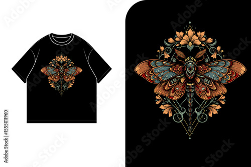 Ornate moth design on a black t-shirt, showcasing intricate details and floral embellishments.