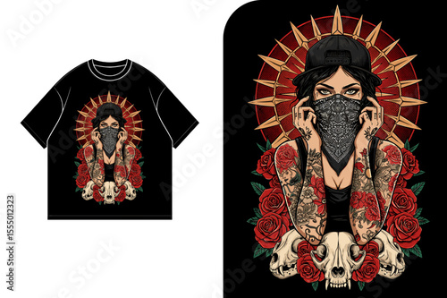 A stylized illustration of a woman with tattoos, roses, and skulls, designed for a t-shirt.