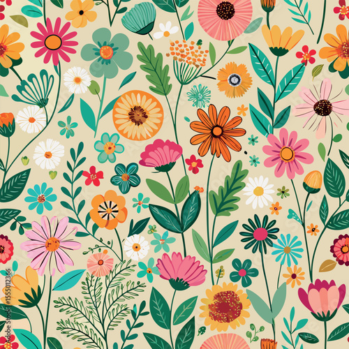 Seamless ditsy floral patterns featuring wild meadow flowers in a delicate, scattered design. Ideal for fabric prints, wallpapers, packaging, and botanical-themed digital art.