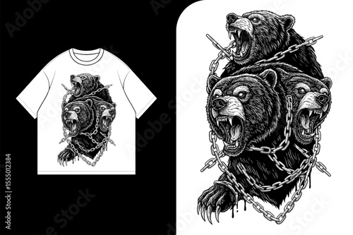 T-shirt mockup featuring a three-headed bear illustration with chains, presented against a split black and white background.