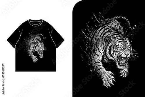Black t-shirt design featuring a powerful, leaping tiger in a graphic style.