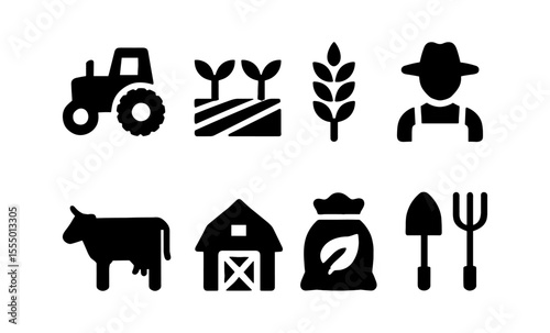 Set of agricultural icons: tractor, crops, farmer, barn, cow, fertilizer, tools