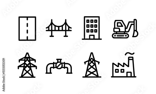Infrastructure icon set featuring roads, bridges, buildings, machinery, and utilities