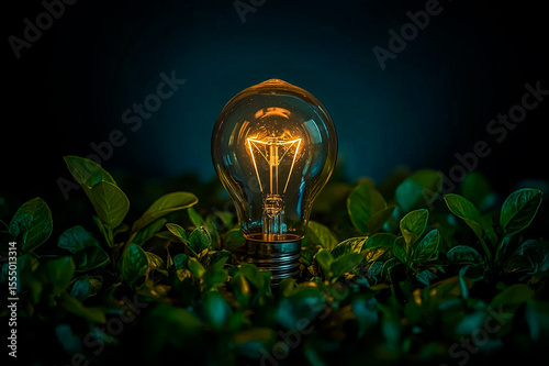 A single illuminated incandescent light bulb rests amidst vibrant green leaves The warm light from the filament contrasts with the dark moody background creating a sense of discovery