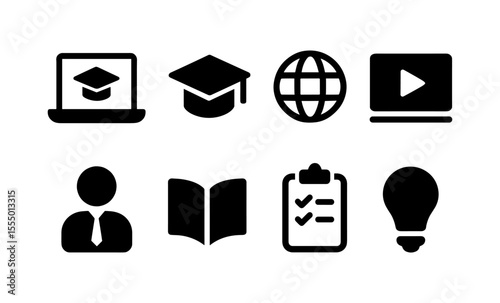 Collection of icons representing online education and digital learning tools