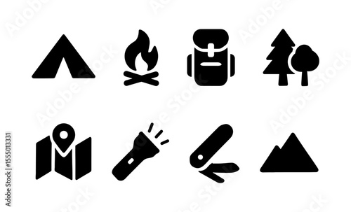 Camping adventure icons: tent, campfire, backpack, trees, map, flashlight, pocketknife, mountain