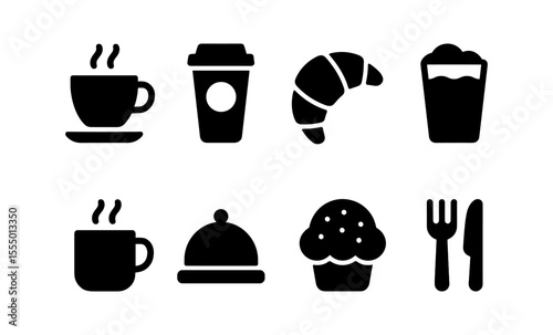 Coffee icon set: cups, takeaway, croissant, muffin, food symbols in black silhouette