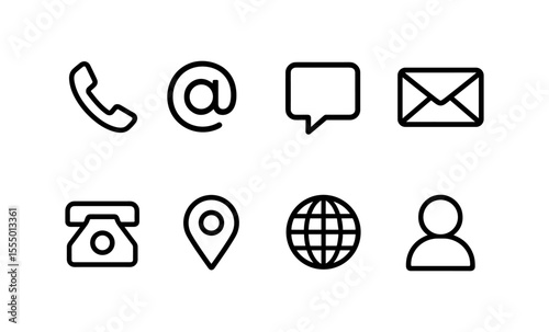 Minimalist communication icons set: phone, email, chat, location, globe, user symbols