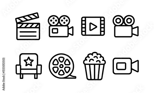 Cinema icons set: clapper, camera, film, popcorn symbols