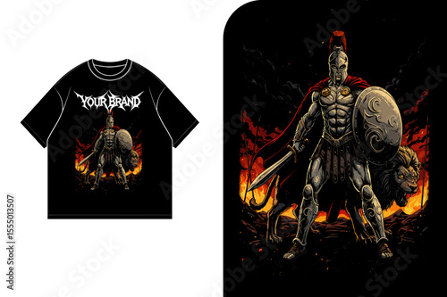 A black t-shirt with a graphic of a Spartan warrior holding a shield and sword, standing in front of a lion.