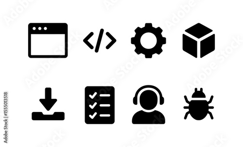 Essential technology icons: coding, gear, cube, download, checklist, support, bug
