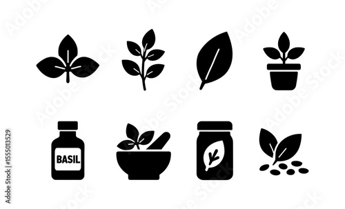 Herb icons: basil, leaves, and seedlings for nature and gardening themes