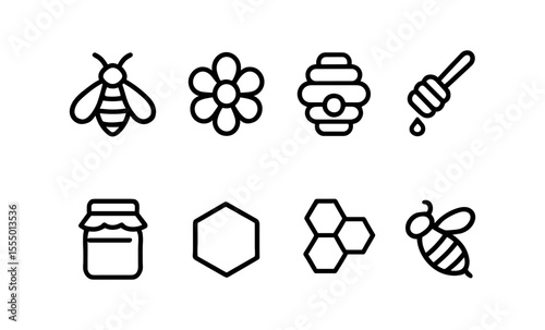 Minimalist icon set featuring bees, honey, and floral elements