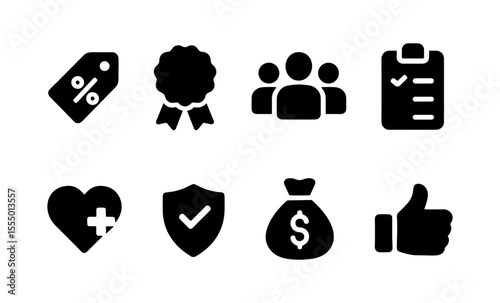 Icon set: discounts, awards, teamwork, checklists, health, security, savings, approval