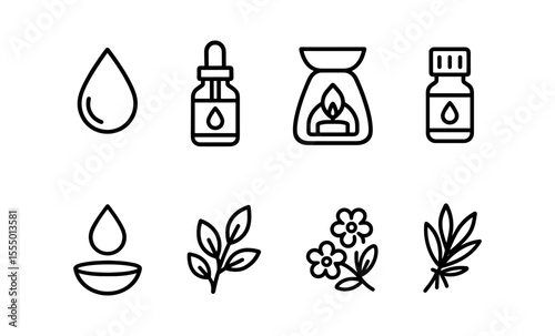 Minimalist essential oils and aromatherapy icons collection in line art style