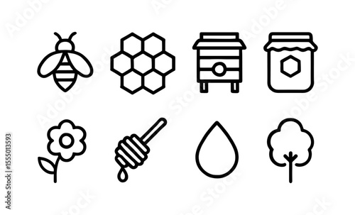 Simple black and white honey icons: bee, hive, honeycomb, flower, drop, tree