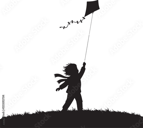 Girl silhouette flying kite in park vector illustration