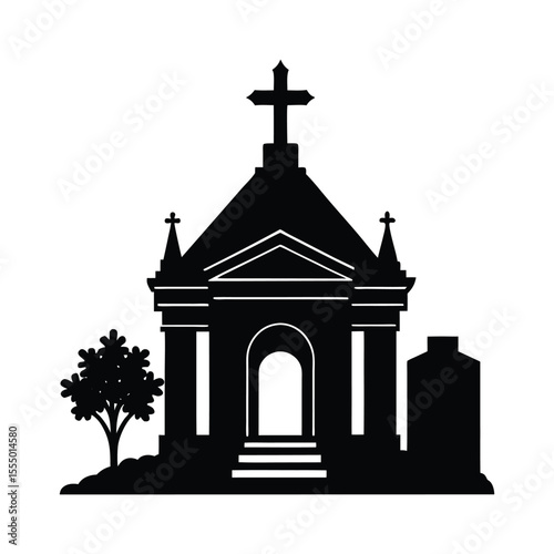 Mausoleum in cemetery silhouette on white background
