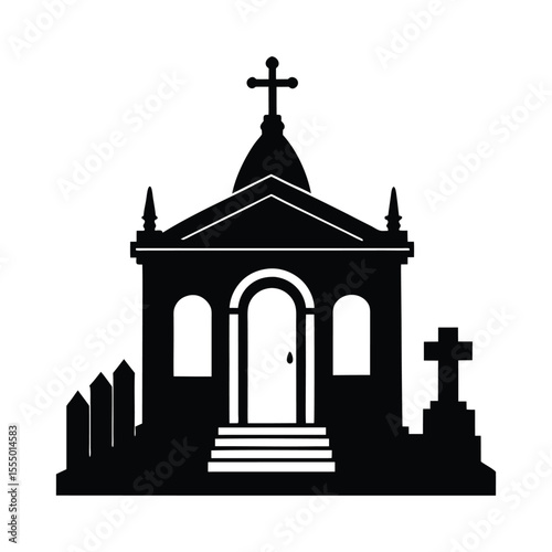 Mausoleum in cemetery silhouette on white background