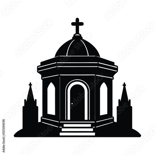 Mausoleum in cemetery silhouette on white background