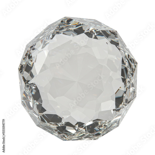 Clear crystal gemstone with intricate facets reflecting light, isolated on a white background