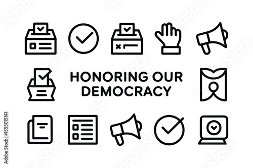Voting ballot box check mark hand megaphone list computer screen