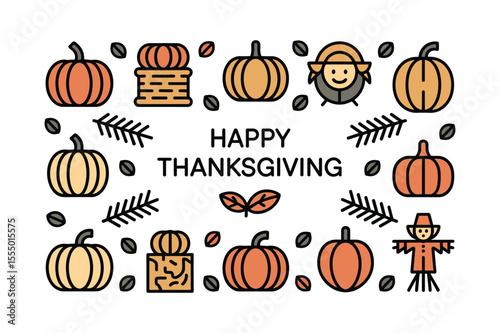 Autumnal harvest symbols with festive greeting thanksgiving pumpkins