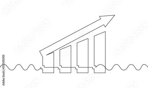 Continuous line drawing of graph. Single line art of bar chart sign symbol. Illustration vector of increasing arrow up. Object one line of flat icon