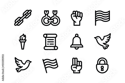 Chain torch scroll bell dove flag fist peace lock broken chain medals