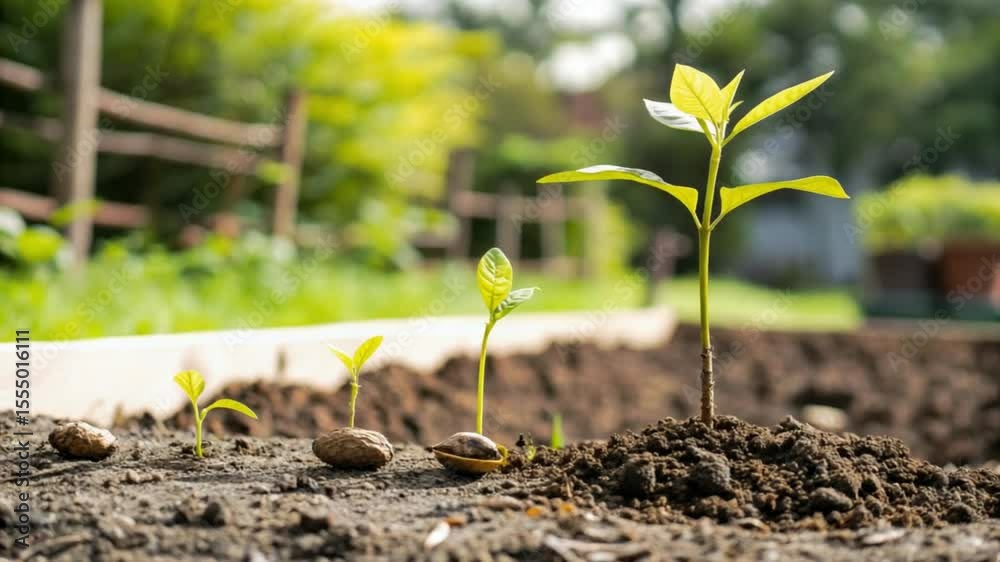 Young spring onion seedlings organically sprout and grow in the garden soil 4k video short for editing
