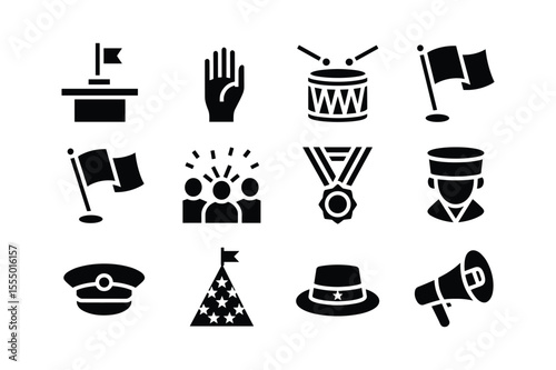 Collection of black icons representing leadership and celebration podium flag