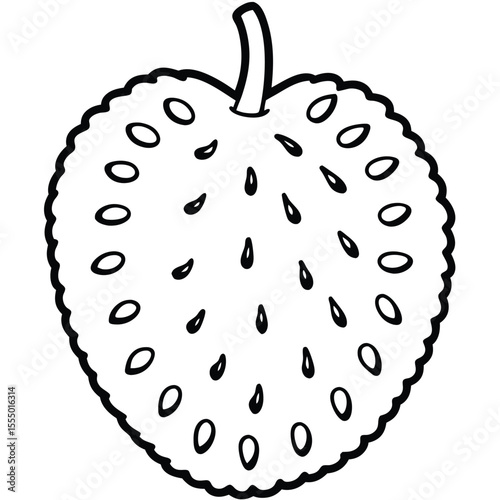 Black and white durian fruit illustration with unique skin texture and stem