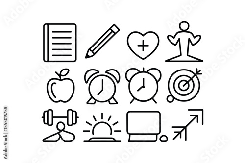 Daily routine icons for health and productivity notebook pencil