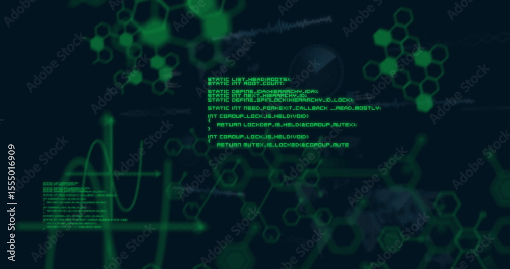 Obraz premium Displaying green code executing on digital interface, with molecular diagrams and waveform graph