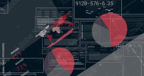Displaying digital analytics dashboard in virtual interface, with world map and pie charts