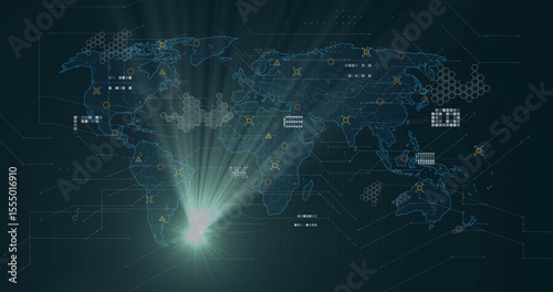 Displaying world map on interface, showing hexagon grids, circular data nodes and light flare