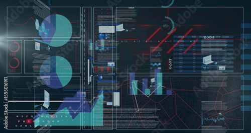 Displaying futuristic data dashboard showing pie charts, bar graphs and map overlay on dark grid