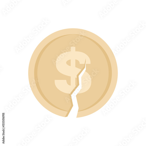 Cracked golden dollar coin isolated on white background. Flat vector illustration