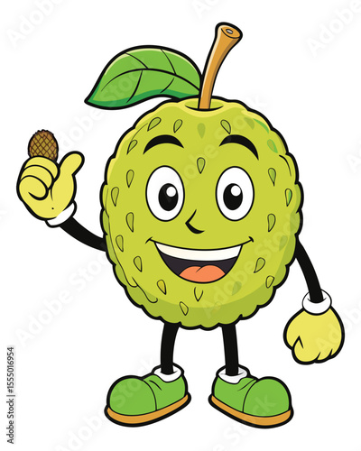 Cartoon annona muricata character holding a small sugar apple fruit illustration
