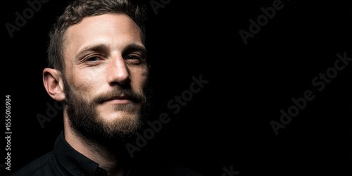 Confident Man with Beard in Dramatic Lighting Against Dark Background