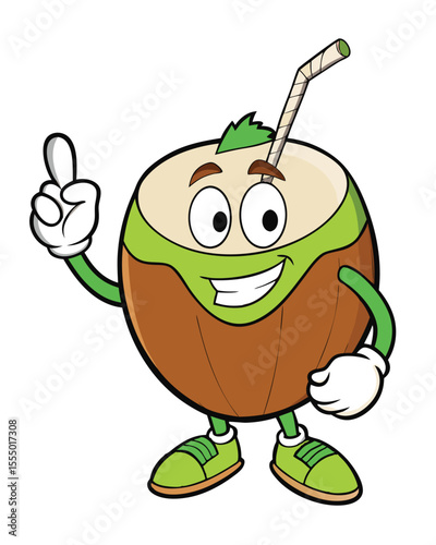 Cartoon coconut character with straw giving advice or making recommendation