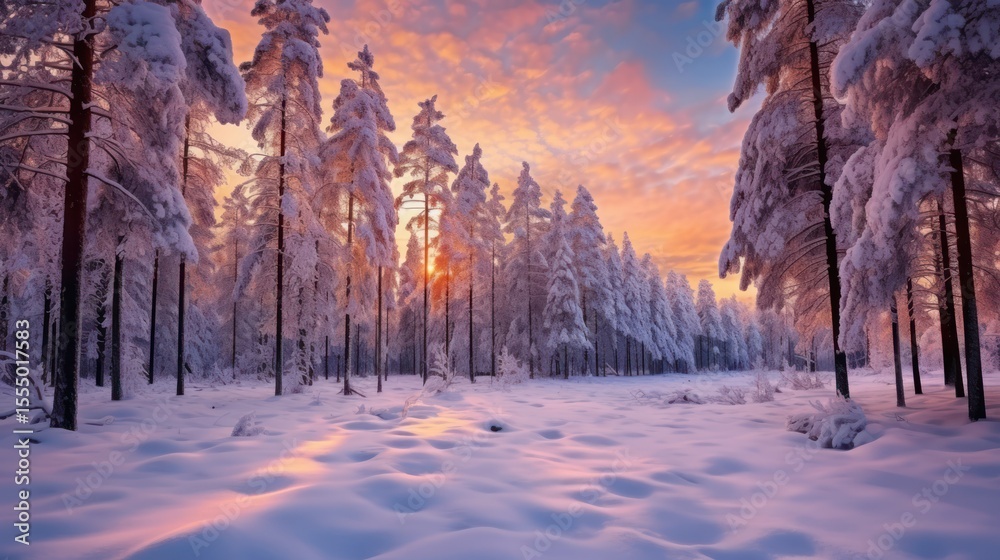 Naklejka premium Beautiful winter landscape with snowy trees and a cold, blue sky over a sunlit forest road