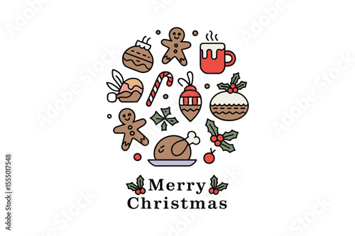 Festive Christmas Icons With Festive Food And Decorations holiday celebration