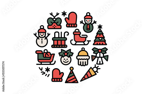 Festive Christmas Icons With Snowmen Sleighs And Trees holiday winter